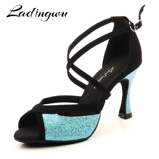Ladingwu Women's Latin Dance Shoes Black Suede & Blue Glitter Salsa Ballroom Dance Sandals