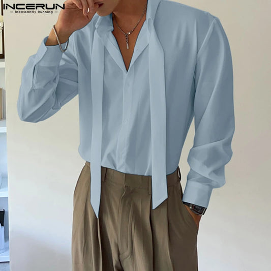 Handsome Well Fitting Tops INCERUN New Men Deconstructive Design Lace Up Shirts Casual Solid All-match Lapel Long Sleeved Blouse
