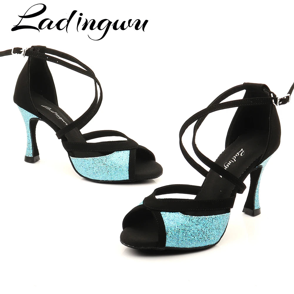 Ladingwu Women's Latin Dance Shoes Black Suede & Blue Glitter Salsa Ballroom Dance Sandals