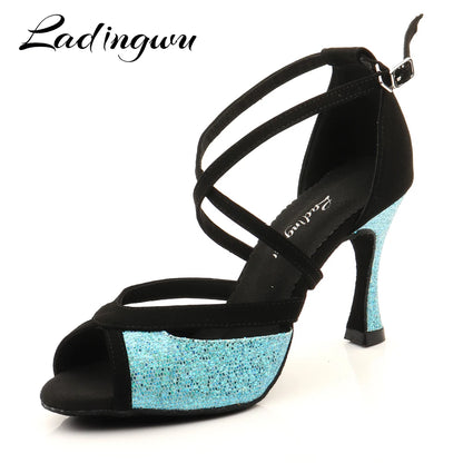 Ladingwu Women's Latin Dance Shoes Black Suede & Blue Glitter Salsa Ballroom Dance Sandals