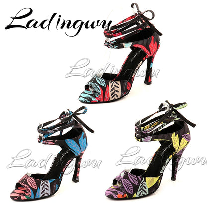 Ladingwu Dance Shoes New Modern Floral Denim Latin Dance Shoes Soft Bottom Ballroom Dance Shoes