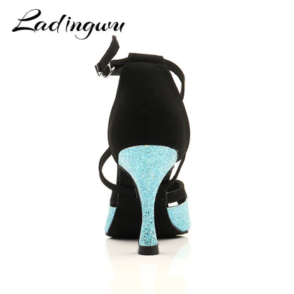 Ladingwu Women's Latin Dance Shoes Black Suede & Blue Glitter Salsa Ballroom Dance Sandals