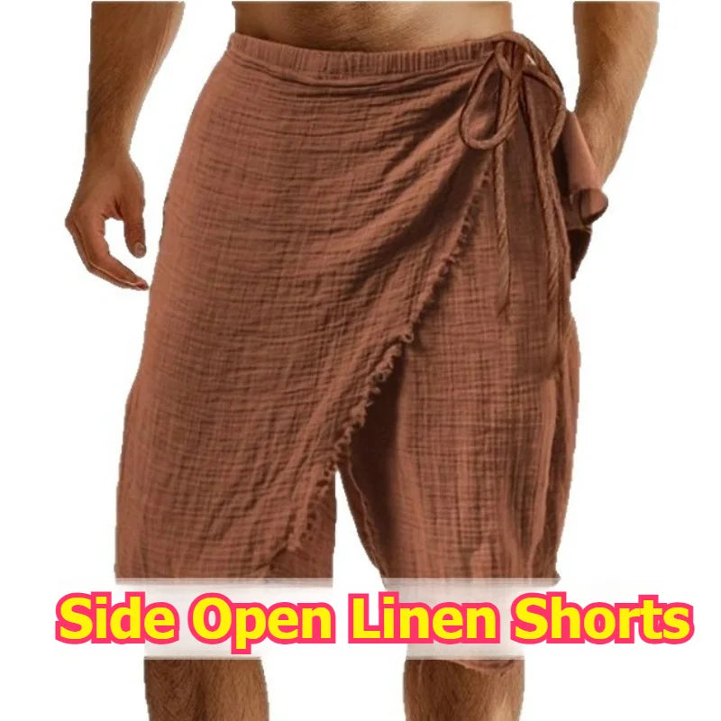 Unisex Breathable Linen Side Open Exercise Shorts Skirts Casual Sporty Take Off Easy Trainning Bottoms Beach Cooling Sportswear