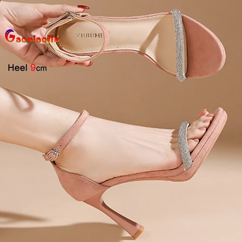 Summer Nude Pink Women Sandals Round Toe Thin Heels Ankle Buckle Rhinestone Straight Straps Cover Heel Ladies Pumps Dress Shoes