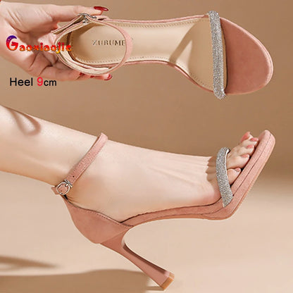 Summer Nude Pink Women Sandals Round Toe Thin Heels Ankle Buckle Rhinestone Straight Straps Cover Heel Ladies Pumps Dress Shoes