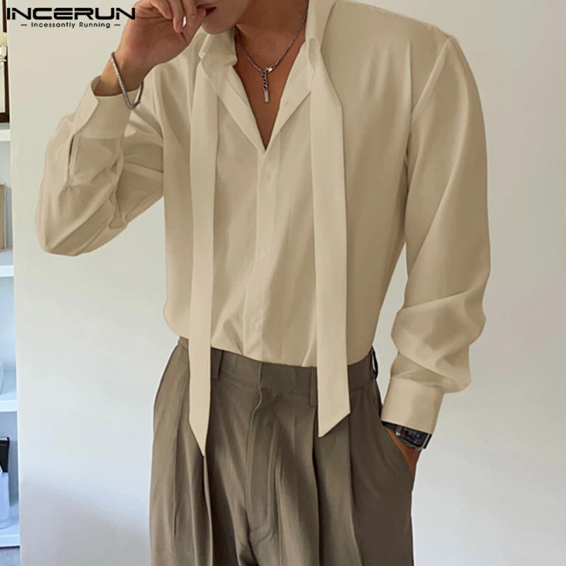 Handsome Well Fitting Tops INCERUN New Men Deconstructive Design Lace Up Shirts Casual Solid All-match Lapel Long Sleeved Blouse