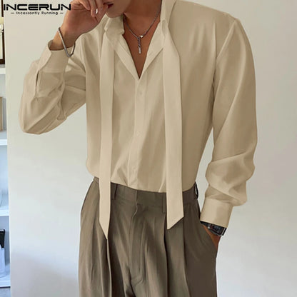 Handsome Well Fitting Tops INCERUN New Men Deconstructive Design Lace Up Shirts Casual Solid All-match Lapel Long Sleeved Blouse