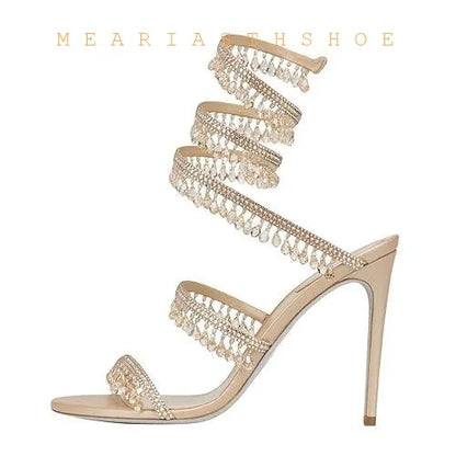 2026 Women's New Water Diamond Sandals Fashion Tassel Crystal Shoes Sexy Banquet Party Twin Stiletto Women's Large 42 Sandals
