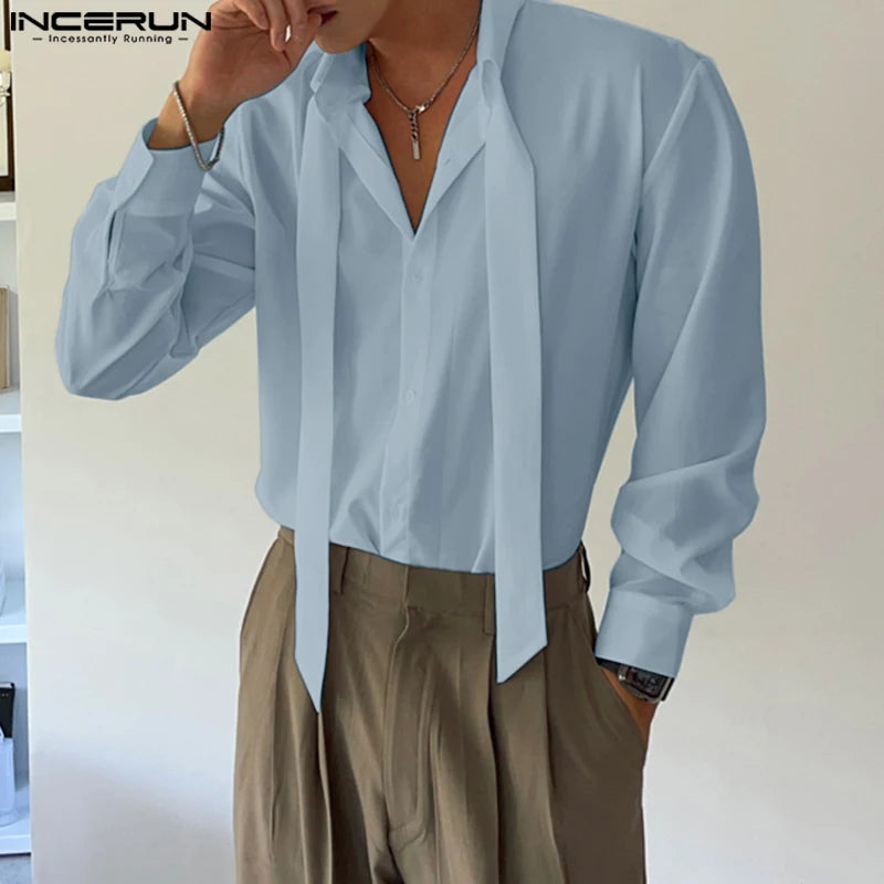 Handsome Well Fitting Tops INCERUN New Men Deconstructive Design Lace Up Shirts Casual Solid All-match Lapel Long Sleeved Blouse