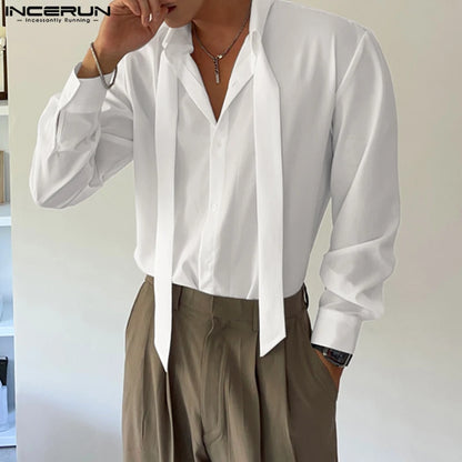 Handsome Well Fitting Tops INCERUN New Men Deconstructive Design Lace Up Shirts Casual Solid All-match Lapel Long Sleeved Blouse