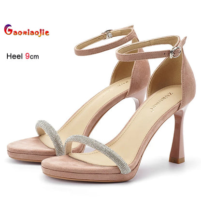 Summer Nude Pink Women Sandals Round Toe Thin Heels Ankle Buckle Rhinestone Straight Straps Cover Heel Ladies Pumps Dress Shoes