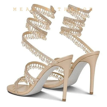 2026 Women's New Water Diamond Sandals Fashion Tassel Crystal Shoes Sexy Banquet Party Twin Stiletto Women's Large 42 Sandals