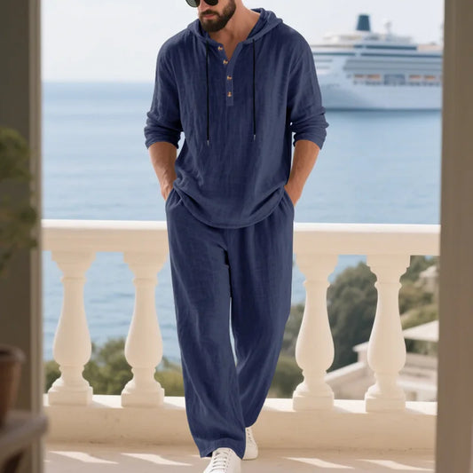New men's linen hooded pullover set - loose fit, comfortable casual long-sleeved shirt and wide-leg pants - summer beach wear